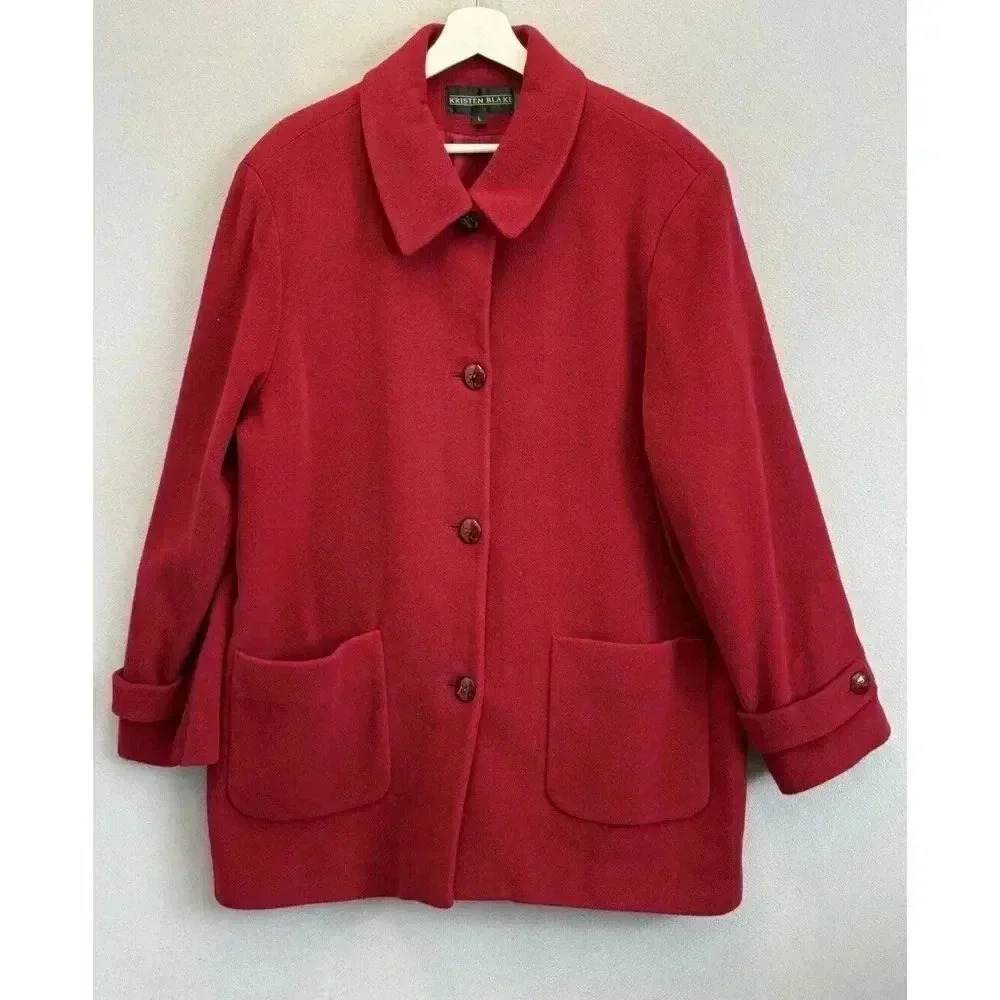 Vintage Kirsten Blake Women's Sz L Red 100% Virgin Wool Collared‎ Pockets Coat
